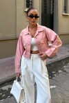 Pudra Çif Cepli Düğme Kapamalı Crop Denim Ceket