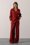 Saten Dokulu Yan Bağlamalı Bluz Ve Geniş Paça Pantolon Takım