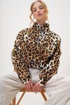 Dik Yaka Leopar Desenli Önü Fermuarlı Crop Sweatshırt