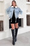 Yakası ve Kolları Pelu Fermuar Kapamalı Çift Cepli Denim Ceket