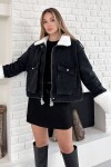 Yakası ve Kolları Pelu Fermuar Kapamalı Çift Cepli Denim Ceket
