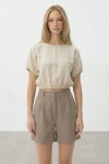Bej Çift Cepli Duble Paça Gizli Fermuarlı Keten Şort