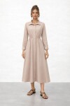 Gömlek Yaka Beli Lastikli Uzun Kol Midi Elbise