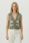 Haki Nakış Detaylı Astarlı Dokulu Crop Yelek
