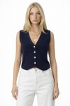 Lacivert V Yaka Düğmeli Yazlık Triko Yelek