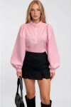 Pembe Hakim Yaka Önü Düğmeli Balon Kol Poplin Dokuma Gömlek