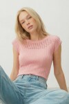 Şeker Pembe Kayık Yaka Omuzları Delik Ajurlu Kolsuz Triko Bluz