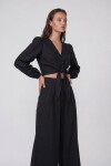V Yaka Bağlama Detaylı Crop Bluz Ve Bol Paça Pantolon Takım